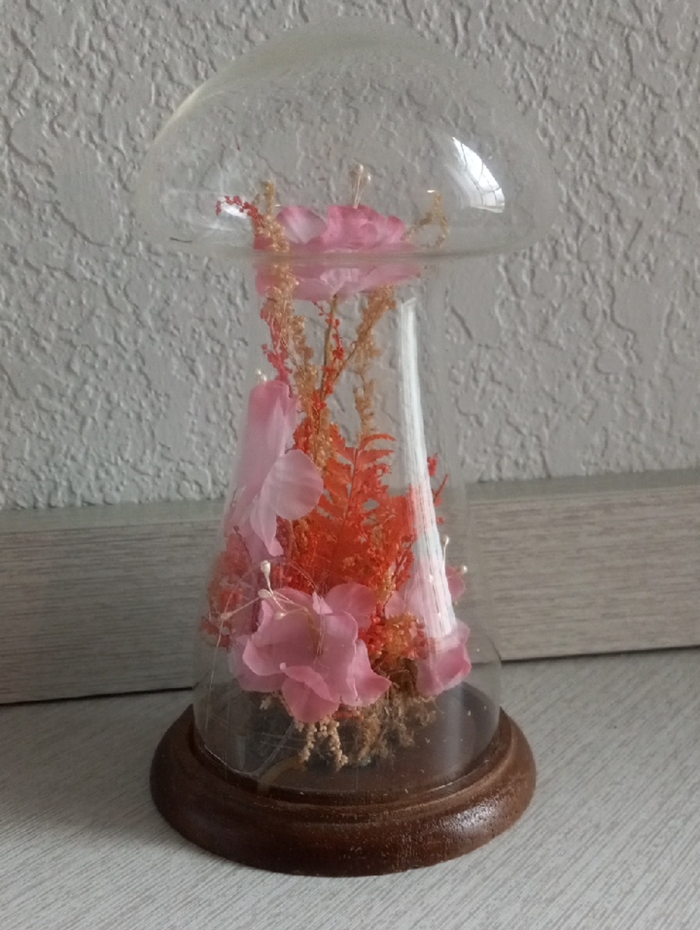 Vintage 70s Terrarium Mushroom Pink Flowers Cottagecore